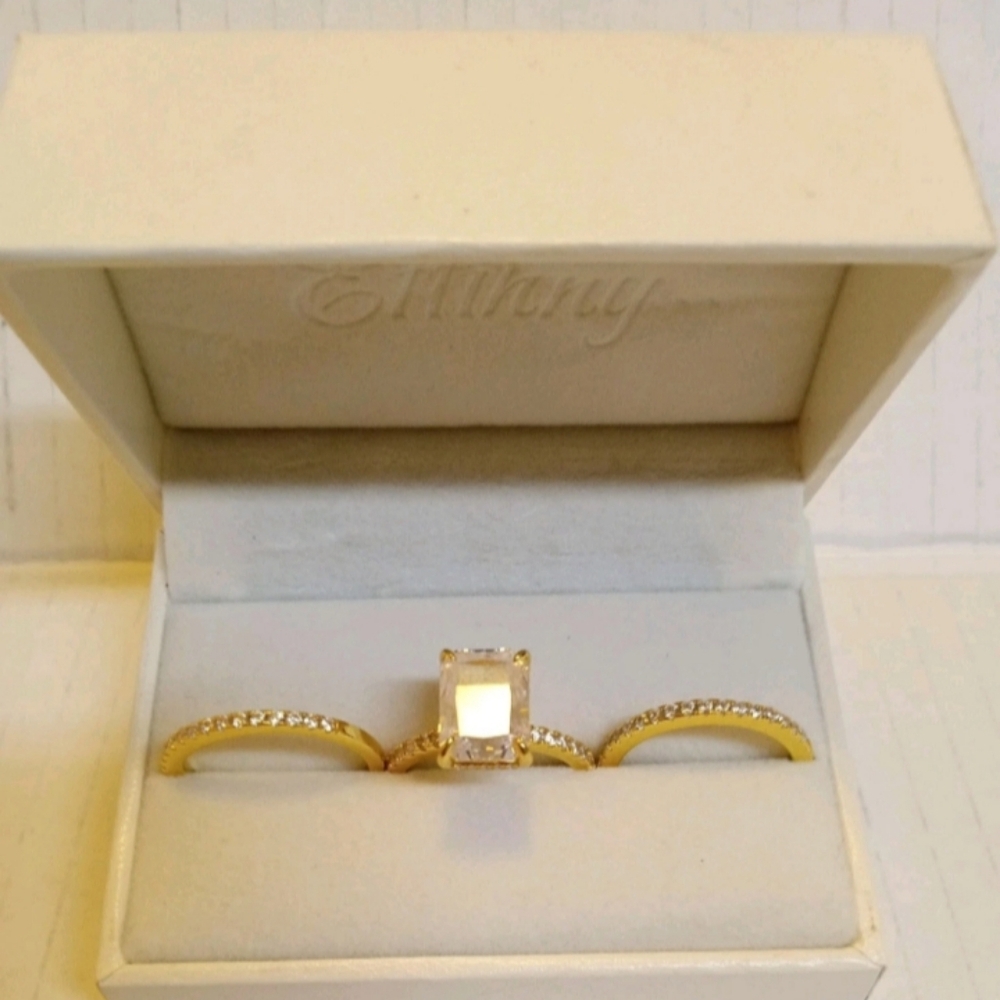 Women's Gold Tone Ring Wedding Engagement S925 Bridal Set 3 Piece New Size 7